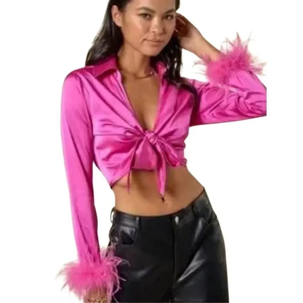 Blue Blush Women's Hot Pink Poly/Spandex Tie Front Crop Top w Long Sleeves and F
